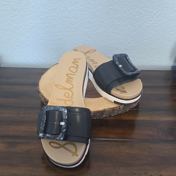 Shoes - SAM EDELMAN Ariane Black Leather Slide Adjustable Sandals w/ Buckle SZ 9.5